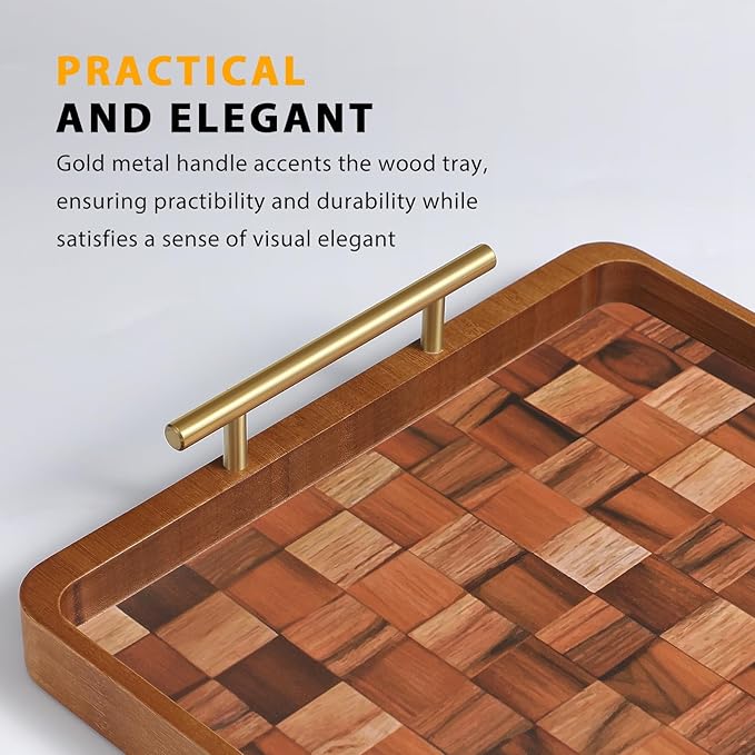 Wooden Serving Tray with Handles Mat, Decorative Coffee Table Trays, Wood Ottoman Tray for Serving Food Drink Breakfast Dinner,1 Pcs-HomvellaHome