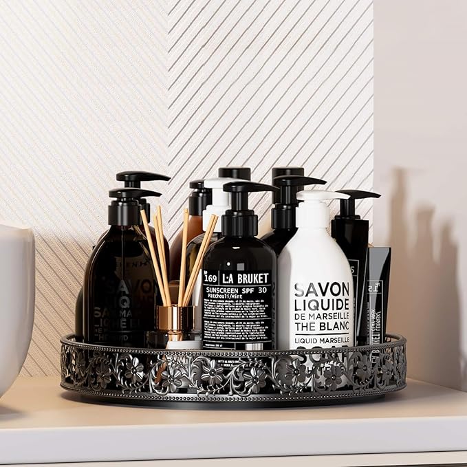 10" Lazy Susan Organizer Turntable,360 Rotating Spice Rack Lazy Susan for Cabinet Dining Table Top Countertop Pantry Kitchen Cupboard Vanity Bathroom Refrigerator Black-HomvellaHome