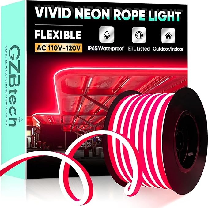 GZBtech Flexible LED Neon Rope Lights 50FT,AC 110-120V Waterproof Strip Light, 120 LEDs/M Cuttable Connectable Neon Lighting for Indoor Outdoor Home Decor/Commercial Building Use-Red 15M-HomvellaHome