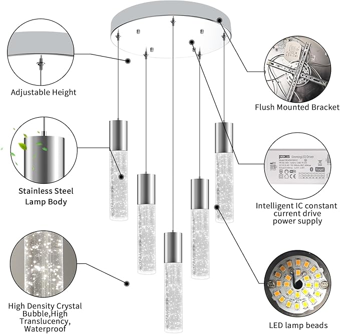 OKELI Smart Dimmable LED 5-Light Pendant Light for Kitchen Island, 18W 1350LM Modern Bubble Crystal Island Light Fixture with TUYA App & Voice Control, Adjustable 3000K-6000K, Electro-Chrome-HomvellaHome