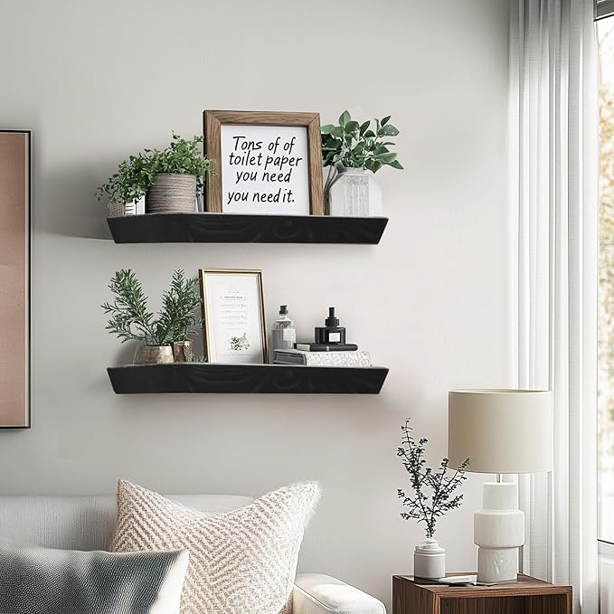 16"x6.8"x1.6" Slanted Floating Wall Shelves 2-Pack - Rustic Black Finish, Heavy-Duty Solid Wood Design with Hidden Brackets - Perfect for Living Room, Kitchen, Bathroom, or Office-HomvellaHome