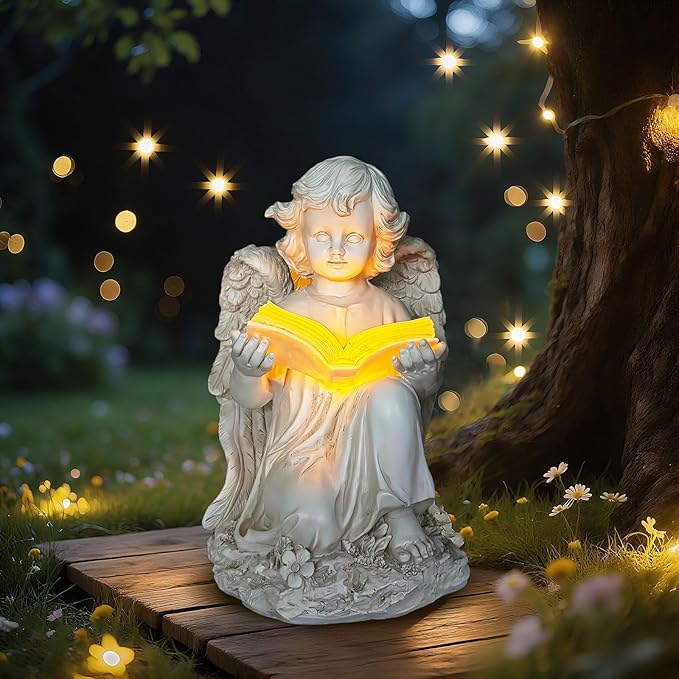 Garden Angel Statues for Outside, Solar Angel for Garden with Bible & Cemetery Decorations for Grave, Angel Figurines for Yard Patio Decor & Lawn Ornaments, Gifts for Mom Grandma Women-HomvellaHome