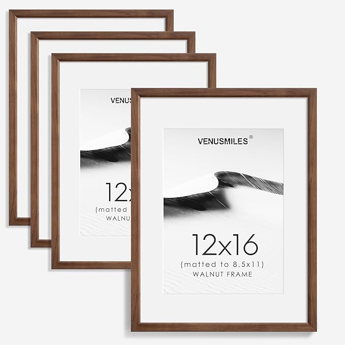 12x16 Picture Frame Set of 4 Natural Solid Walnut Photo Frames with 8.5x11 Removable Mat Wall Hanging Large Handcrafted Frame with HD Plexiglass Wall and Tabletop Display Large Poster Frame-HomvellaHome