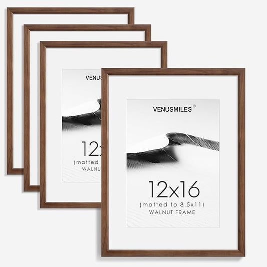 12x16 Picture Frame Set of 4 Natural Solid Walnut Photo Frames with 8.5x11 Removable Mat Wall Hanging Large Handcrafted Frame with HD Plexiglass Wall and Tabletop Display Large Poster Frame-HomvellaHome