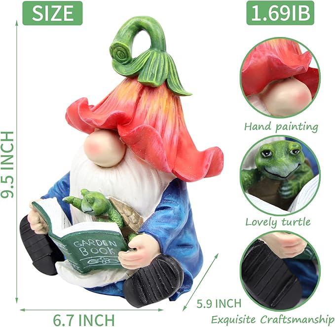 Garden Gnome Statue-Resin Gnome Figurine Hugging Turtle Reading Book with Solar LED Lights，Outdoor Summer Decorations for Patio Yard Lawn Porch,Garden Ornament Gift-HomvellaHome