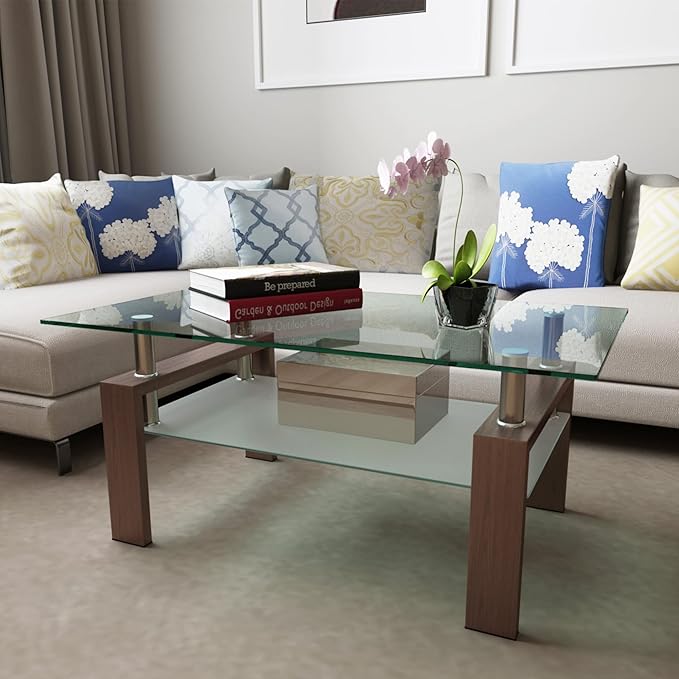 Glass Coffee Table for Living Room, Mordern Sofa Center Tables with Storage, Brown Metal Leg, Rectangle Tempered Glass Center Table Home Furniture-HomvellaHome