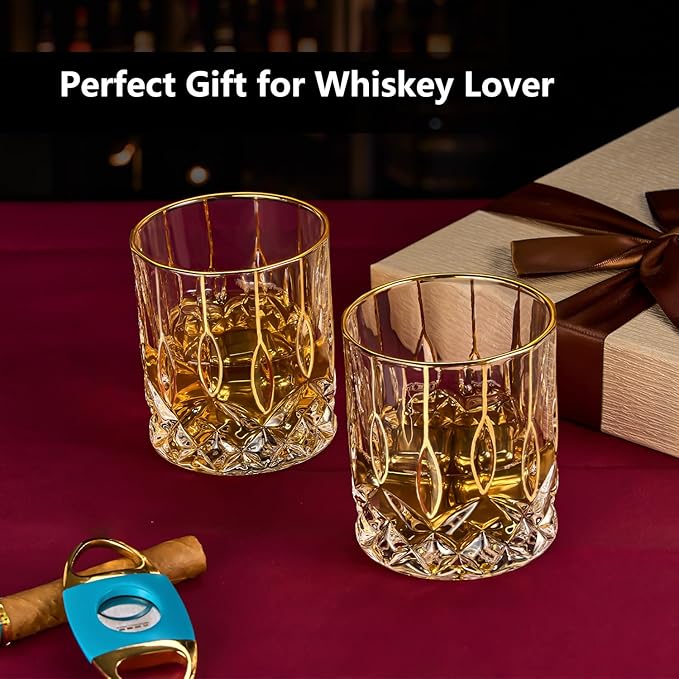 Gold Rim Whiskey Glasses Set of 2,Crystal Old Fashioned Glasses-Luxury Gold Collection,Perfect for Scotch Bourbon Rocks Cognac Vodka Gin Tequila Rum Liquor,Whiskey Gifts for Men-HomvellaHome