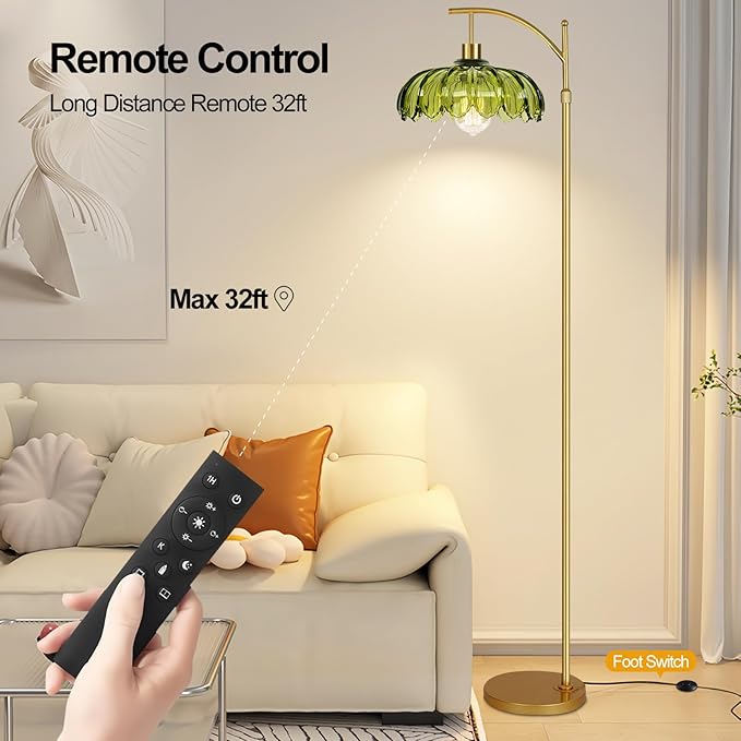 Gold Floor Lamps for Living Room Glass Vintage Floor Lamp with Remote Control,Dimmable Mid Century Modern Standing Lamp with 3 Color Temperature Tall Flower Lamp Brass Floor lamp for Bedroom Corner-HomvellaHome