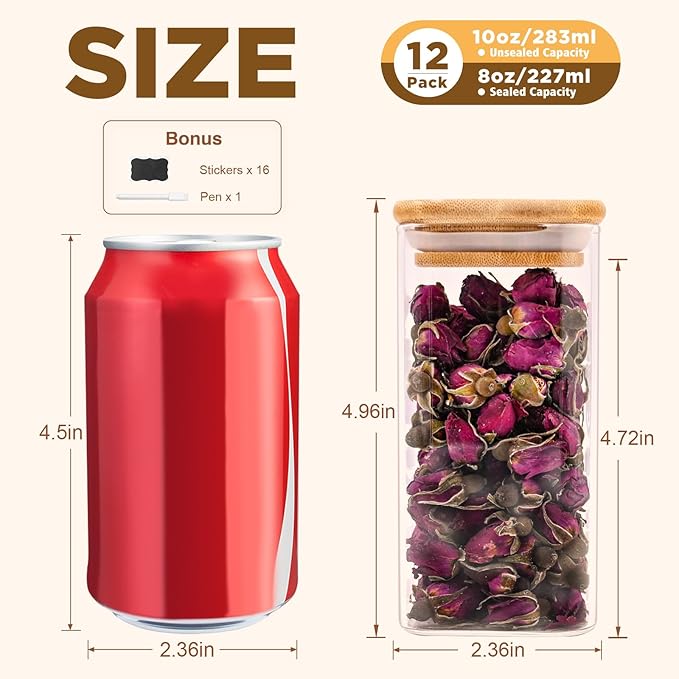 Glass Food Storage Jars Square 10oz, 12 Pack Glass Jars With Bamboo Lids, Kitchen Storage Containers For Spice, Candy, Cookie, Storage For Pantry Organizers-HomvellaHome