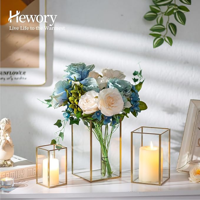 Glass Hurricane Candle Holder Large - Hewory 18pcs Gold Rectangle Flower Holders Centerpiece for Table, Tall Floor Square Pillar Candle Lantern for Wedding, Anniversary, Party, Fireplace, Dining Room-HomvellaHome