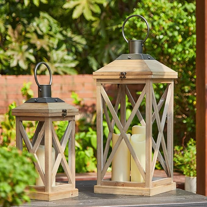 Glitzhome Mondern Farmhouse Wood Metal Lanterns Decorative Hanging Candle Lanterns Set of 2, Natural (No Glass)-HomvellaHome
