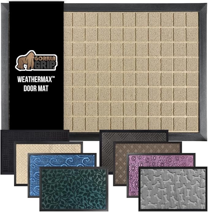 GORILLA GRIP 100% Waterproof All-Season WeatherMax Doormat US Designed Natural Rubber, Stain and Fade Resistant, Low Profile Indoor Outdoor Door Mats, Easy Clean Patio Mat, 17x29, Taupe Grid-HomvellaHome