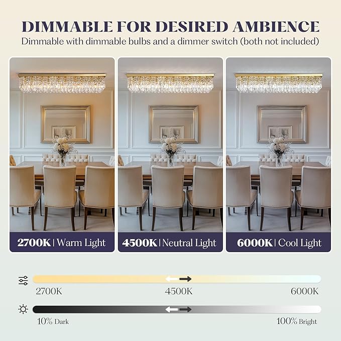 10 Lights Gold Flush Mount Rectangle Chandelier, Modern K9 Crystal Chandeliers Light Fixture Rectangular Raindrop Chandelier Pendant Island Light for Living Dining Room Kitchen Bar L47 Inch-HomvellaHome