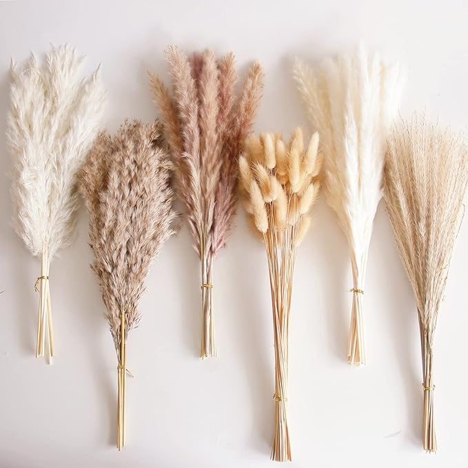 110 PCS Dried Pampas Grass Bouquet, Boho Table Decor, Bunny Tails Dried Flowers, Brown Pompas, White Pampas Grass for Wedding, Home, Rustic Party, Baby Shower Decorations-HomvellaHome