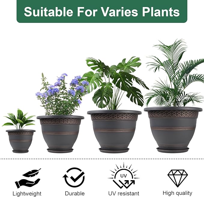 10 Inch 4 Pack Large Plant Pots, Plastic Flower Pot for Indoor & Outdoor with Drainage Holes & Saucer, Plaid Pattern Planters Garden Pots for Herbs-HomvellaHome