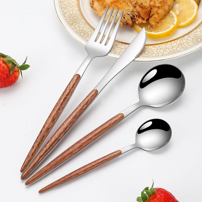 16 PCS Silverware Set for 4,Stainless Steel Flatware Cutlery Eating Utensils Set with Wood Grain Handle,Steak Knives Forks and Spoons for Home,Party,Mirror Polished and Dishwasher Safe-HomvellaHome