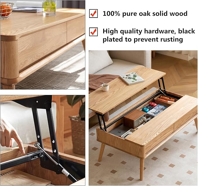 100% Solid Wood Lift Top Coffee Table for Living Room, Mid Century Modern Tables with Drawers and Large Storage, Oak Coffee Tables for Small Spaces (Oak Wood Log, 39.37" W x 21.65" D x 25.59" H)-HomvellaHome