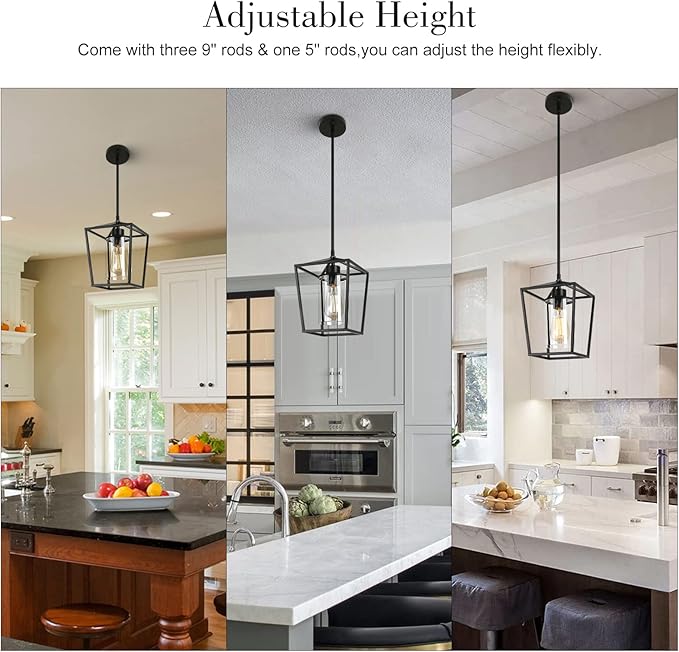 1-Light Black Pendant Light Fixture Farmhouse Iron Cage Metal Pendant Light Lantern Hanging Light Fixtures with Clear Glass Shade for Kitchen Island, Entryway, Dining Room, Hallway 5.9*5.9*8.27IN-HomvellaHome