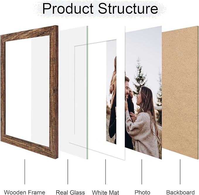 10x14 Picture Frame Set of 4, 10 x 14 Wood Photo Frames with Mat for 8x12 or 30x40cm Diamond Painting Art, Wooden Frame with Real Glass Cover for Wall and Tabletop Display,Rustic Brown-HomvellaHome