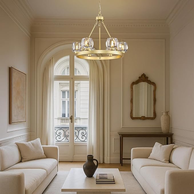 Gold Wagon Wheel Chandelier, 24 Inch Brass Chandeliers with Unique Glass Shade, 6-Light Crystal Farmhouse Wagon Wheel Chandeliers for Dining Room, Round Chandelier for Living Room, Foyer, Entryway-HomvellaHome