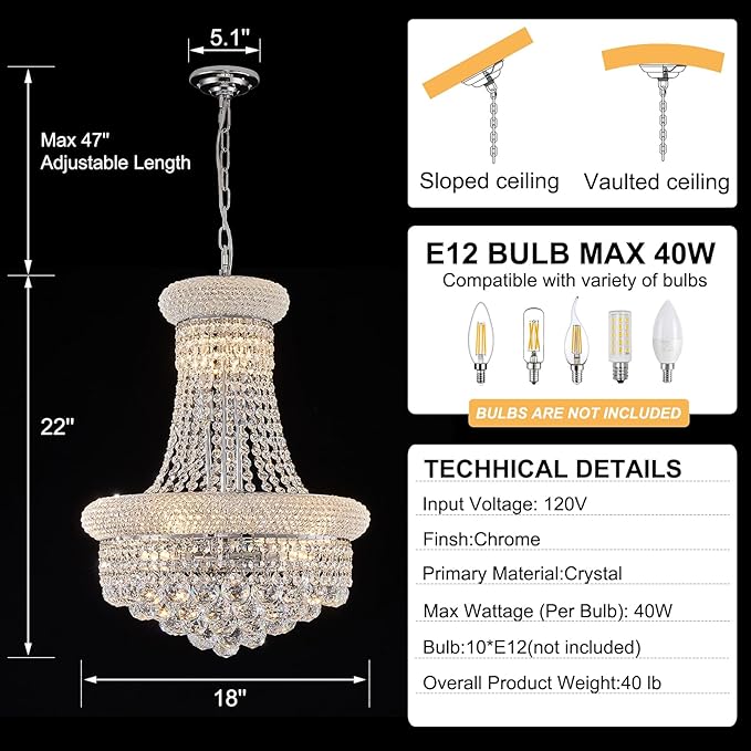 10 - Light Unique Empire Crystal Chandelier for Dining Room Foyer Entryway Living Room Bedroom Chrome Finish-HomvellaHome