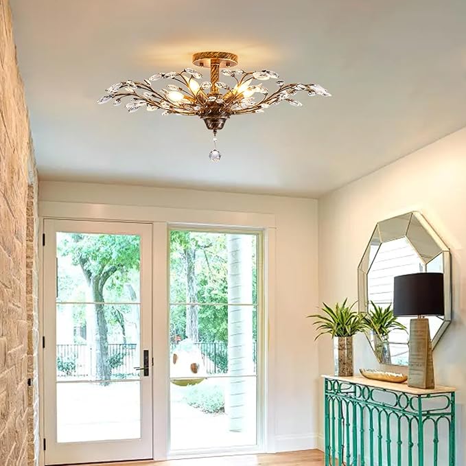 Ganeed Vintage Crystal Chandelier, Modern Bronze Branches Ceiling Light Fixture with 5-Light Heads for Farmhouse Living Room Dinning Room Kitchen Over Table Hallway-HomvellaHome