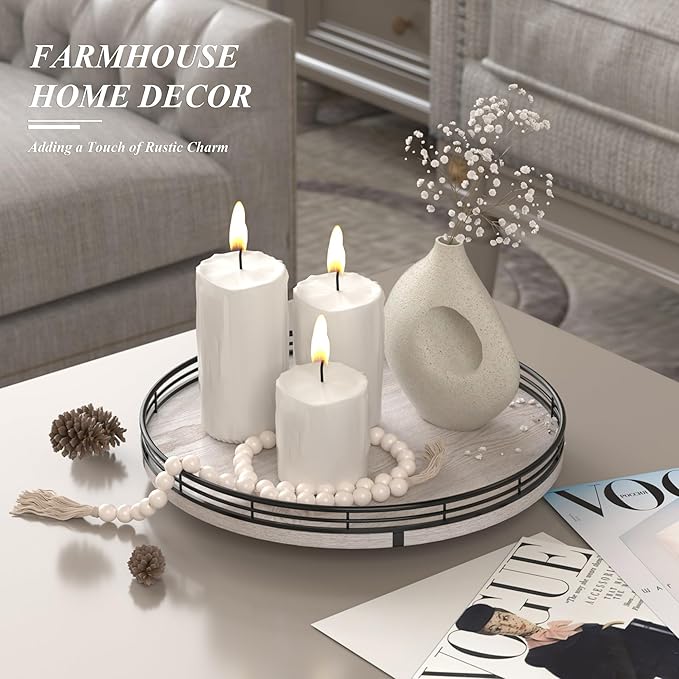 12" Farmhouse Lazy Susan for Kitchen & Coffee Table Decor – Rustic Wood Tray with Black Metal Frame, Decorative Centerpiece for Dining Room, Ottoman, Living Room, Serving or Vanity Use-HomvellaHome