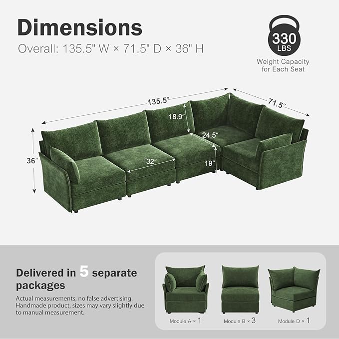 135.5" Oversized Modular Sectional Sofa, L Shaped Convertible Couch with Movable Ottoman, 5 Seat Corner Couches for Living Room Deep Seat Green Chenille-HomvellaHome