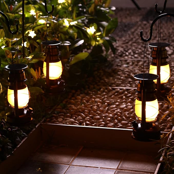 2 Pack Solar Hanging Lantern Outdoor, Solar Powered, Auto On/Off Waterproof LED Flame Umbrella Vintage Lights for Garden, Patio, Yard, Flickering Flameless Candle Mission Lights for Table, Party-HomvellaHome