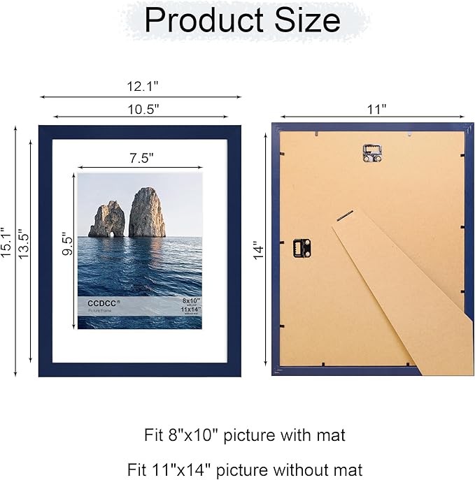 11x14 Picture Frame Set of 4, 11 x 14 Wood Photo Frames with Mat for 8x10, Natural Wooden Frame with Real Glass Cover for Wall and Tabletop Display,Blue-HomvellaHome