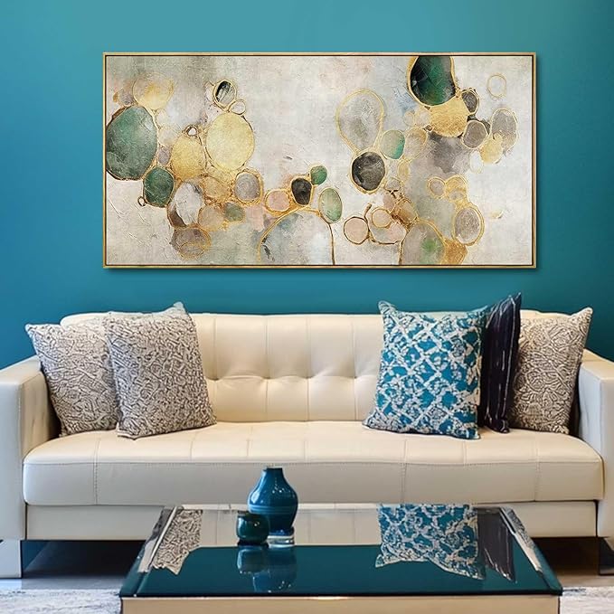 Gold Circle Modern Artwork Framed Abstract Wall Art Green Canvas Decor 24"x48" Wall Decorations for Bedroom Living Room Kitchen-HomvellaHome