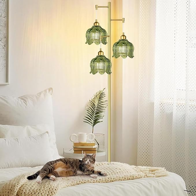 Gold Floor Lamp for Living Room,Bedroom,Mid Century Modern Standing Lamp Brass Tree 3 Light Tall Floor Lamps Vintage Retro Floor Lights Glass Green Flower Lamp Shade Farmhouse Boho Bohemian-HomvellaHome