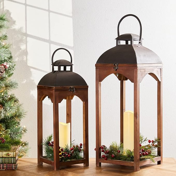 Glitzhome Set of 2 Mondern Farmhouse Wooden Lantern Hanging Decorative Candle Lanterns for Outdoor & Indoor Brown (No Glass)-HomvellaHome