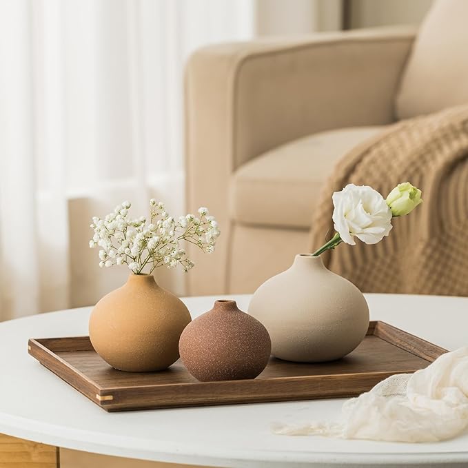 Ceramic Vase Set of 3, Bud Vases for Modern Farmhouse Home Decor, Cute Vases, Small Flower Vases for Dining Table Centerpieces,Living Room,Shelf,Mantel and Entryway Display-HomvellaHome