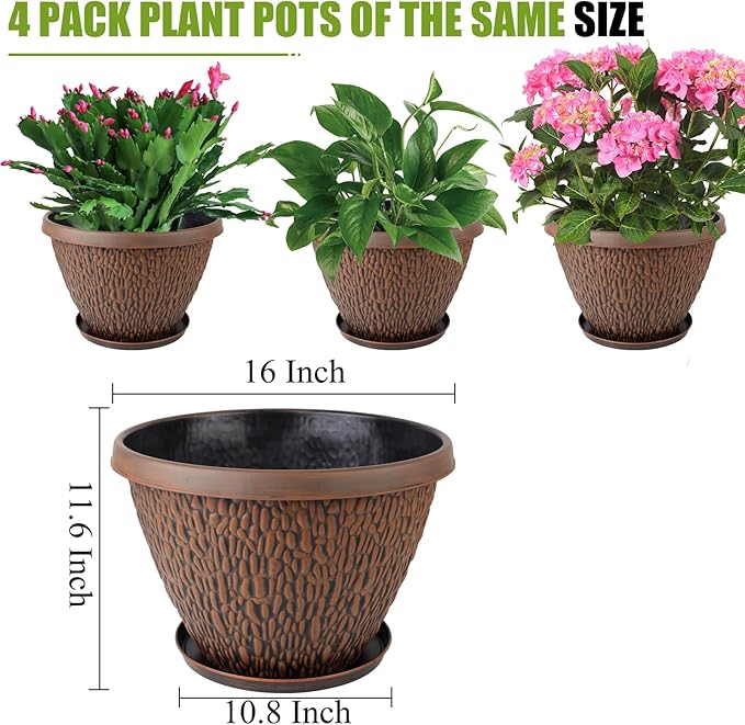 16 Inch Large Outdoor Plant Pot, 4 Pack Thickened Flower Pots with Drainage Holes & Saucer, Pebbles Pattern Design Tree Planters Outdoor for Garden Porch Home-HomvellaHome
