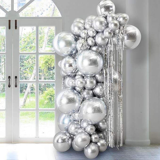 130pcs Metallic Silver Balloons Different Sizes 18" 12" 10" 5" Chrome Silver Balloon Garland Arch Kit for Graduation Birthday Baby Shower Wedding Anniversary New Year Party Decorations-HomvellaHome