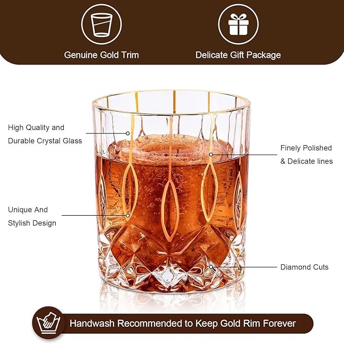 Gold Rim Whiskey Glasses Set of 2,Crystal Old Fashioned Glasses-Luxury Gold Collection,Perfect for Scotch Bourbon Rocks Cognac Vodka Gin Tequila Rum Liquor,Whiskey Gifts for Men-HomvellaHome