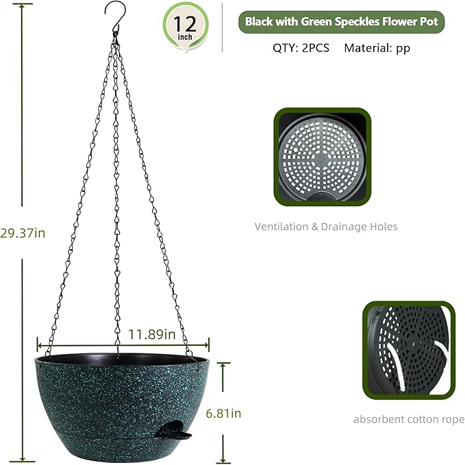 12 Inch Hanging Baskets 2 PC with Chains, Self-Watering Hanging Planters for Indoor Outdoor Plants, Plastic Hanging Flower Pots, Black with Green Speckles-HomvellaHome
