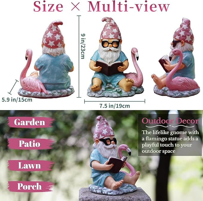 Gnome Statue Garden Decor, Resin Gnome and Flamingo Figurines Outdoor Decorations for Yard Art Porch Lawn Ornaments, Unique Housewarming Gifts-HomvellaHome