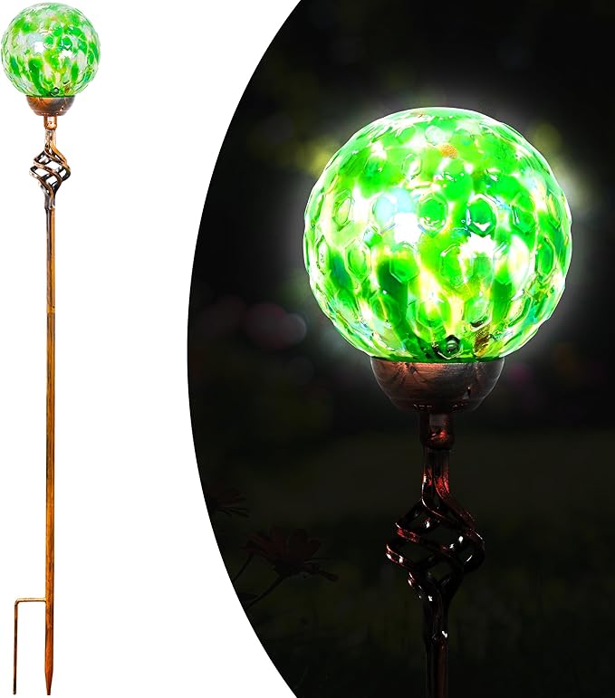 Garden Solar Lights, Decorative LED Honeycomb Glass Ball Garden Stake, Glass and Metal Outdoor Decoration, 4 x 31 Inch (Green)-HomvellaHome