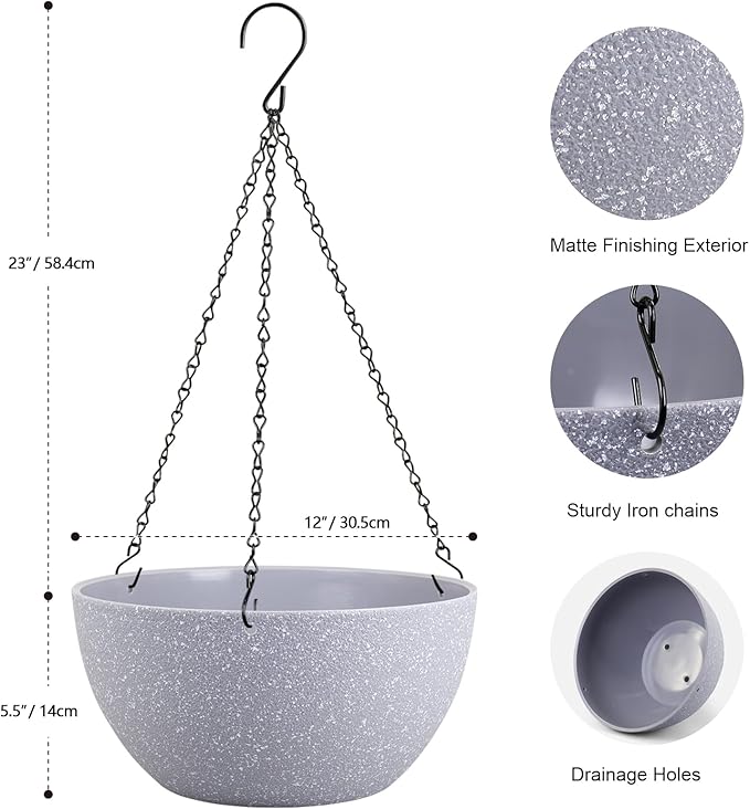 12 inch Large Hanging Planters for Indoor Outdoor Plants, 2 Pack Hanging Flower Pots with Drainage Holes and Chain for Garden Porch, Plastic Hanging Baskets for House Plants, Speckled Grey-HomvellaHome