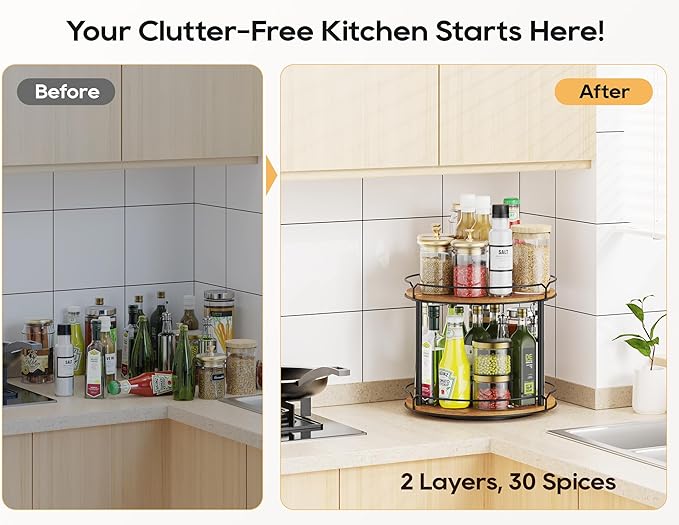 12.4" Lazy Susan Organizer 2 Tier - Rotating Spice Rack, Wooden Spinning Spice Holder for Inside Cabinet, Pantry, Kitchen, Countertop, Bathroom and Vanity, Versatile Storage-HomvellaHome