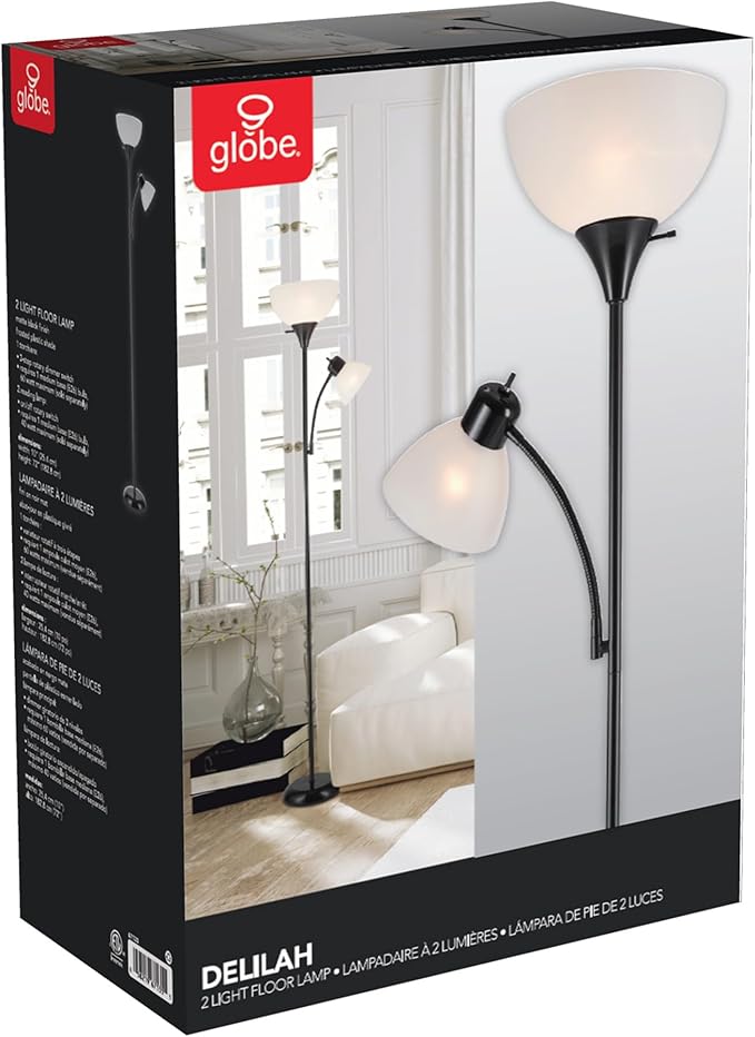 GLOBE Electric 67135 72" Torchiere Floor Lamp and Adjustable Reading Light, Matte Black, Frosted Shade, Dual Rotary Switch, 3-Step Dimming, Modern Lighting for Living Room or Office-HomvellaHome