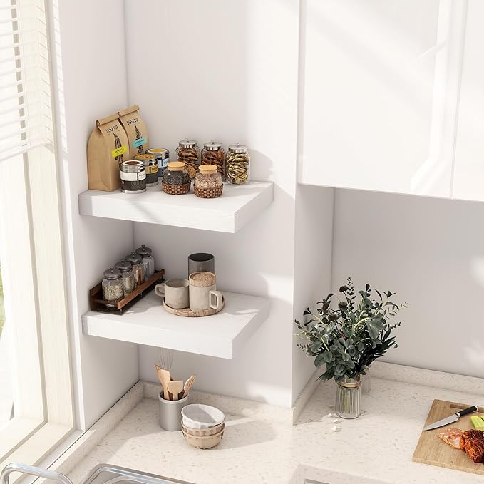 12 Inch Deep White Floating Shelves, 16 x 12 Floating Shelf for Books, Rustic Wood Deep Wall Shelves for Home Storage & Display, 2" Thicked Shelves for Kitchen, Living Room, Bedroom, 2 Pack-HomvellaHome