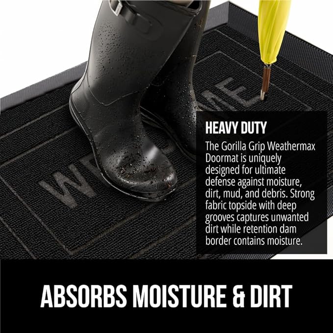 GORILLA GRIP 100% Waterproof All-Season WeatherMax Doormat, 47x35, US Designed Natural Rubber, Stain and Fade Resistant, Low Profile Indoor Outdoor Door Mats, Easy Clean Patio Mat, Black Welcome-HomvellaHome