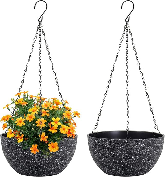 10 inch Hanging Planters for Indoor Outdoor Plants, 2 Pack Hanging Flower Plant Pots with Drainage Holes and Chain for Garden Porch, Plastic Hanging Baskets for House Plants, Speckled Black-HomvellaHome