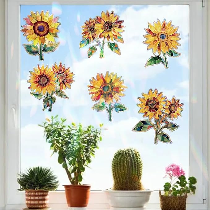 12pcs Window Decals for Bird Strikes, Anti Collision Window Clings, Rainbow Reflection Window Sticker, Sunflower Style Sun Catcher Stickers for Glass Windows-HomvellaHome