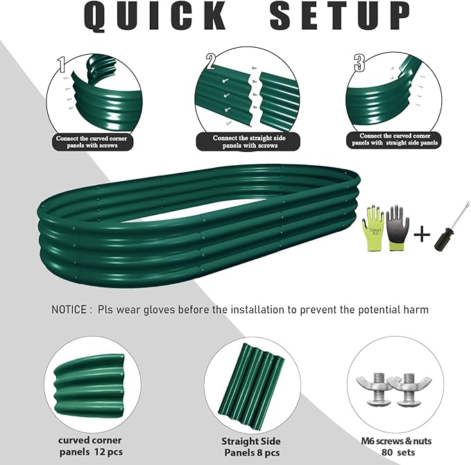 2 Pack 6x3x1FT Galvanized Raised Garden Bed Kit Oval Metal Ground Planter Box Outdoor Bottomless Planter Raised Beds for Vegetables Flowers Herbs Fruits, Green-HomvellaHome