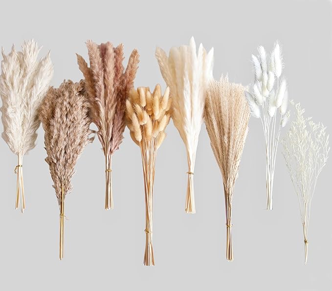 128 PCS Dried Pampas Grass Bouquet, Boho Table Decor, Bunny Tails Dried Flowers, Brown Pampas, White Pampas Grass for Weddings, Home Decor, Rustic Parties, and Baby Shower Decorations-HomvellaHome