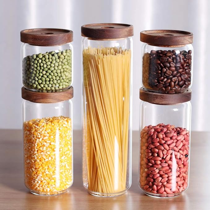 Glass Canisters Set of 5 for the kitchen, Glass Storage Container jars with Airtight Acacia Lid for Coffee Beans, Flour, Sugar, Rice and Spaghetti and etc-HomvellaHome